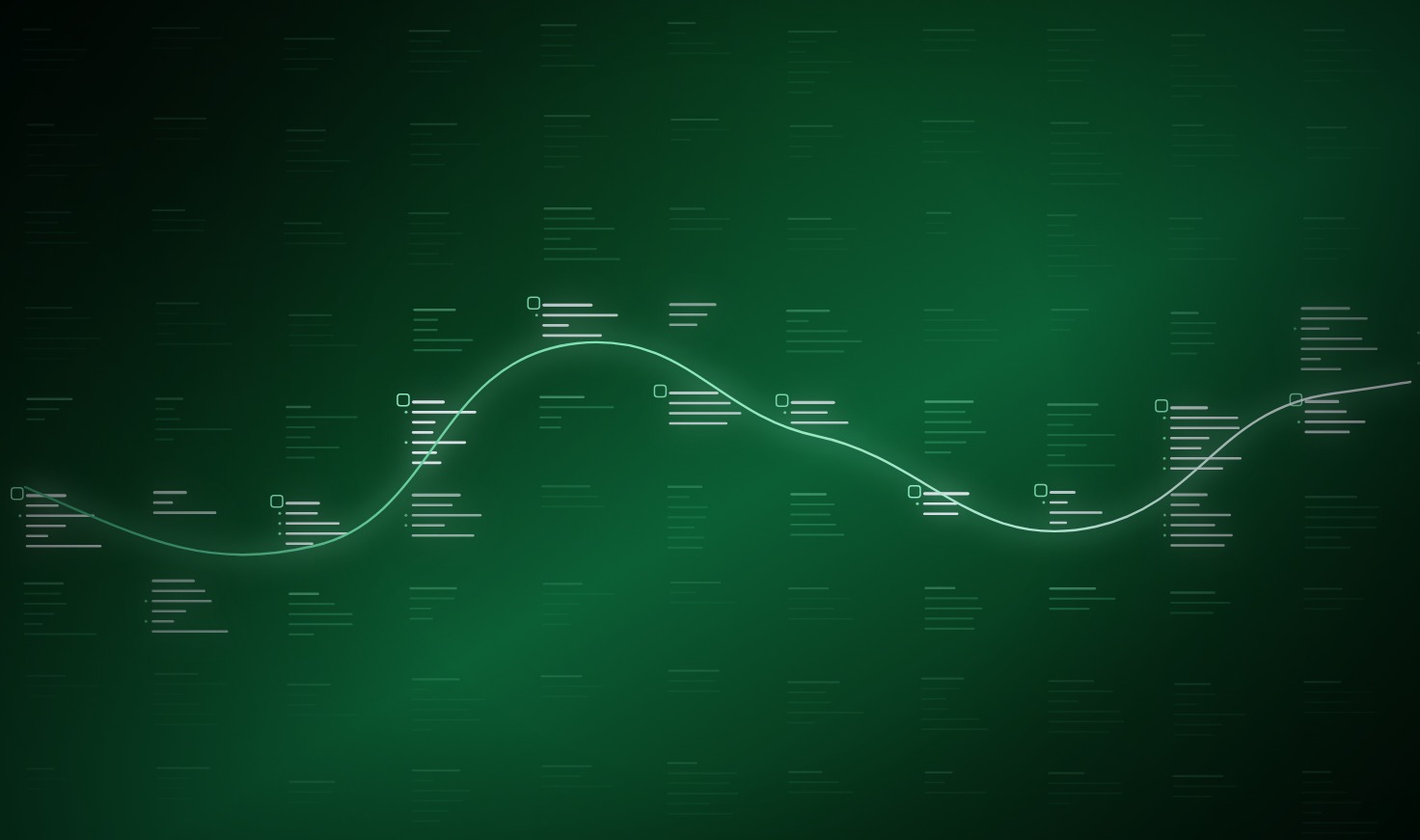 A dark emerald field filled with dim rows of markdown text, most of it unlit, with a single luminous trace curving through it and lighting up the files it passes